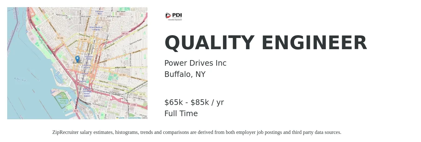 Power Drives Inc job posting for a QUALITY ENGINEER in Buffalo, NY with a salary of $65,000 to $85,000 Yearly with a map of Buffalo location.