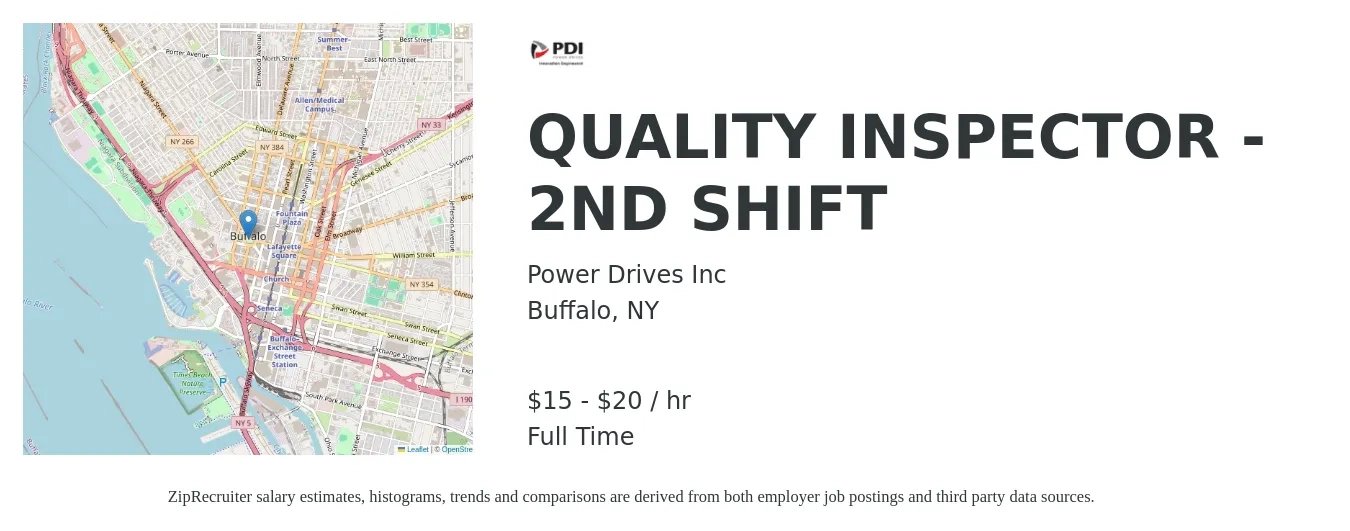 Power Drives Inc job posting for a QUALITY INSPECTOR - 2ND SHIFT in Buffalo, NY with a salary of $16 to $22 Hourly with a map of Buffalo location.