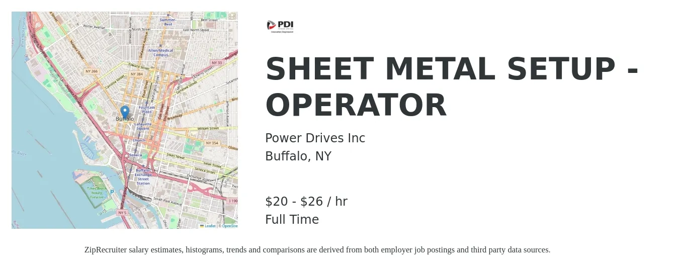 Power Drives Inc job posting for a SHEET METAL SETUP - OPERATOR in Buffalo, NY with a salary of $21 to $28 Hourly with a map of Buffalo location.