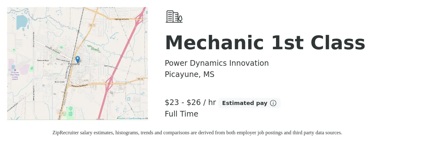 Power Dynamics Innovation job posting for a Mechanic 1st Class in Picayune, MS with a salary of $24 to $28 Hourly with a map of Picayune location.