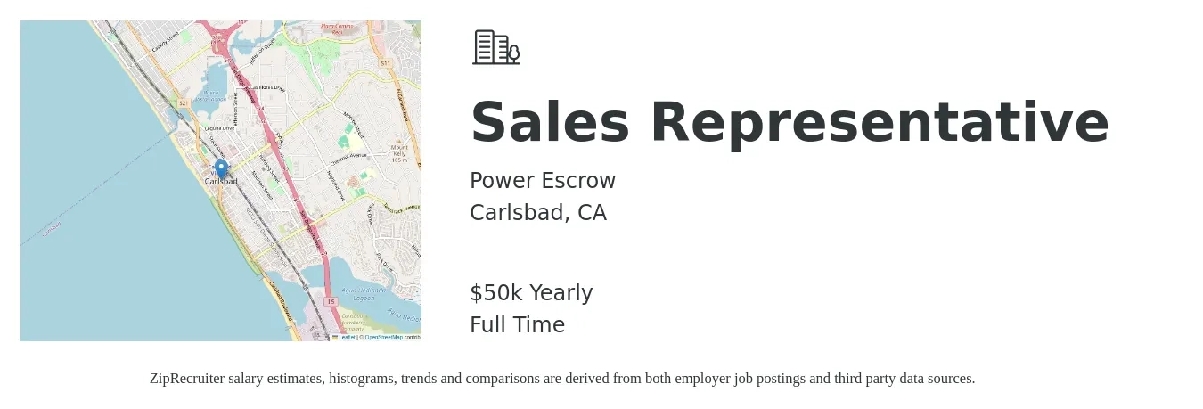 Power Escrow job posting for a Sales Representative in Carlsbad, CA with a salary of $50,000 Yearly with a map of Carlsbad location.