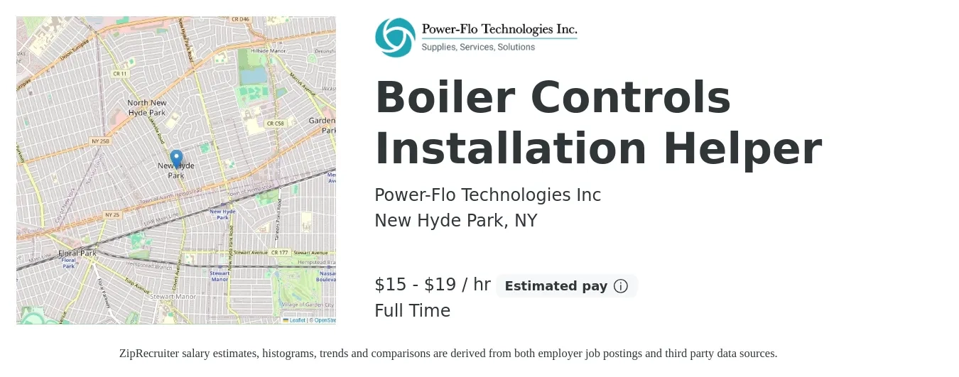 Power-Flo Technologies Inc job posting for a Boiler Controls Installation Helper in New Hyde Park, NY with a salary of $16 to $20 Hourly with a map of New Hyde Park location.