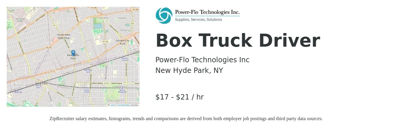 Power-Flo Technologies Inc job posting for a Box Truck Driver in New Hyde Park, NY with a salary of $18 to $22 Hourly with a map of New Hyde Park location.