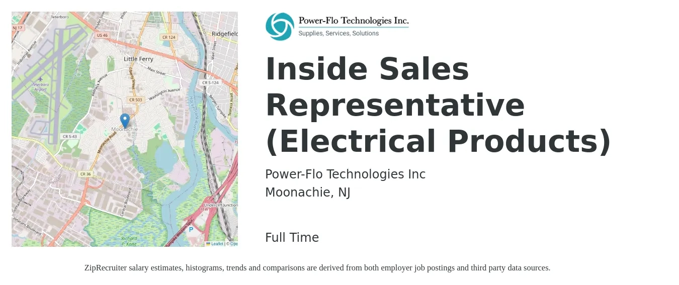 Power-Flo Technologies Inc job posting for a Inside Sales Representative (Electrical Products) in Moonachie, NJ with a salary of $39,700 to $59,300 Yearly with a map of Moonachie location.