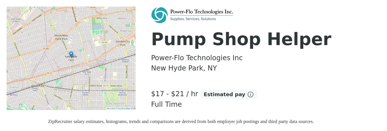 Power-Flo Technologies Inc job posting for a Pump Shop Helper in New Hyde Park, NY with a salary of $18 to $22 Hourly with a map of New Hyde Park location.