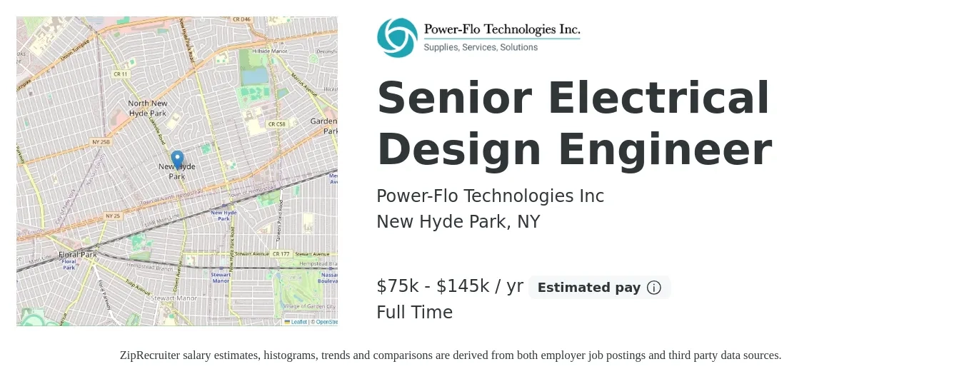 Power-Flo Technologies Inc job posting for a Senior Electrical Design Engineer in New Hyde Park, NY with a salary of $75,000 to $145,000 Yearly with a map of New Hyde Park location.