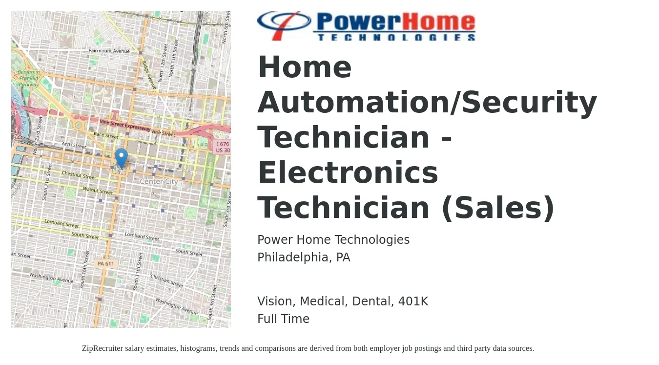 Power Home Technologies job posting for a Home Automation/Security Technician - Electronics Technician (Sales) in Philadelphia, PA with a salary of $700 to $1,200 Weekly and benefits including medical, vision, 401k, and dental with a map of Philadelphia location.
