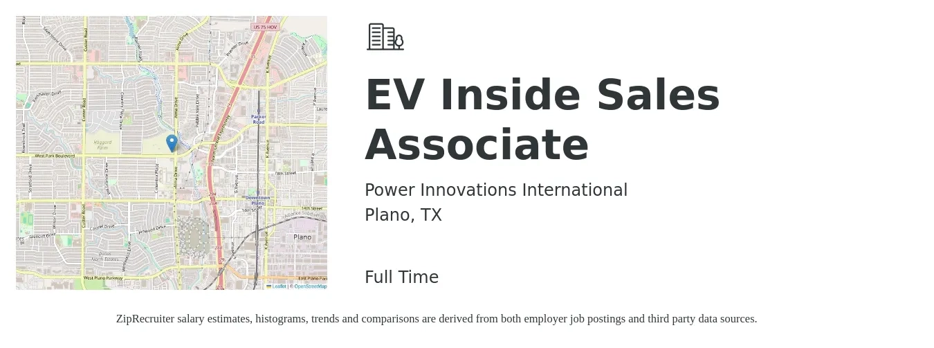 Power Innovations International job posting for a EV Inside Sales Associate in Plano, TX with a salary of $17 to $26 Hourly with a map of Plano location.
