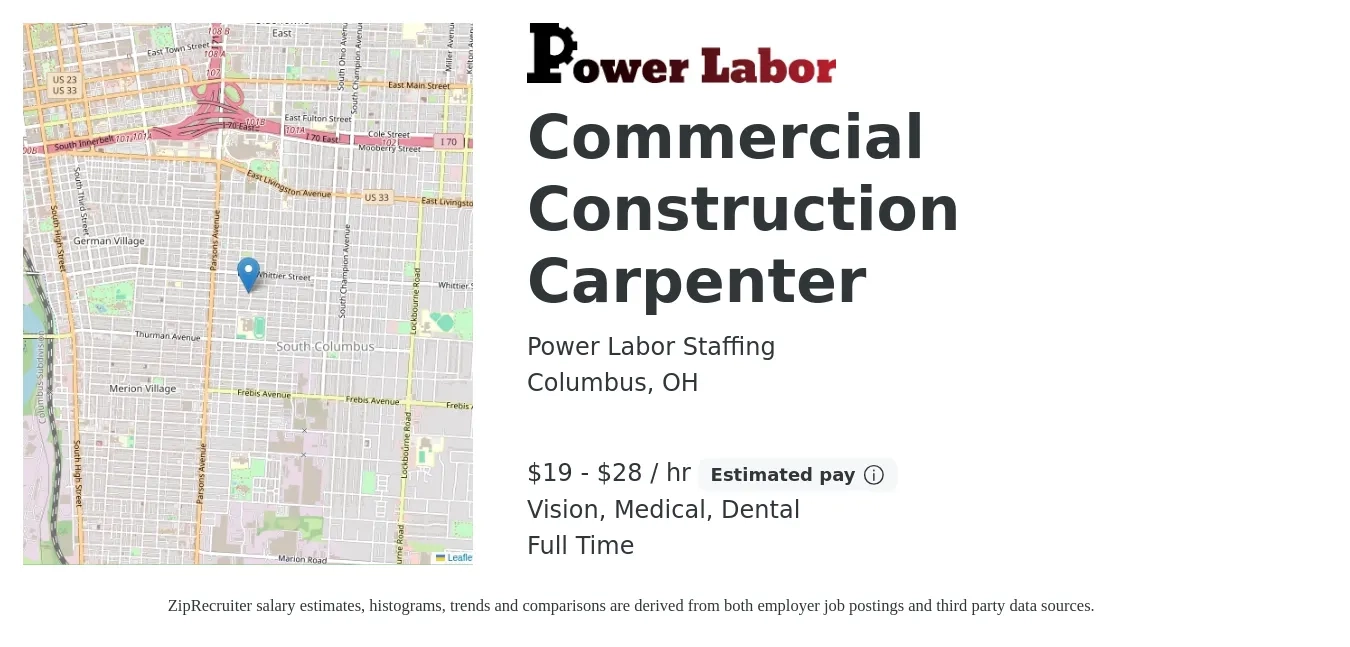 Power Labor Staffing job posting for a Commercial Construction Carpenter in Columbus, OH with a salary of $20 to $30 Hourly and benefits including medical, retirement, vision, and dental with a map of Columbus location.