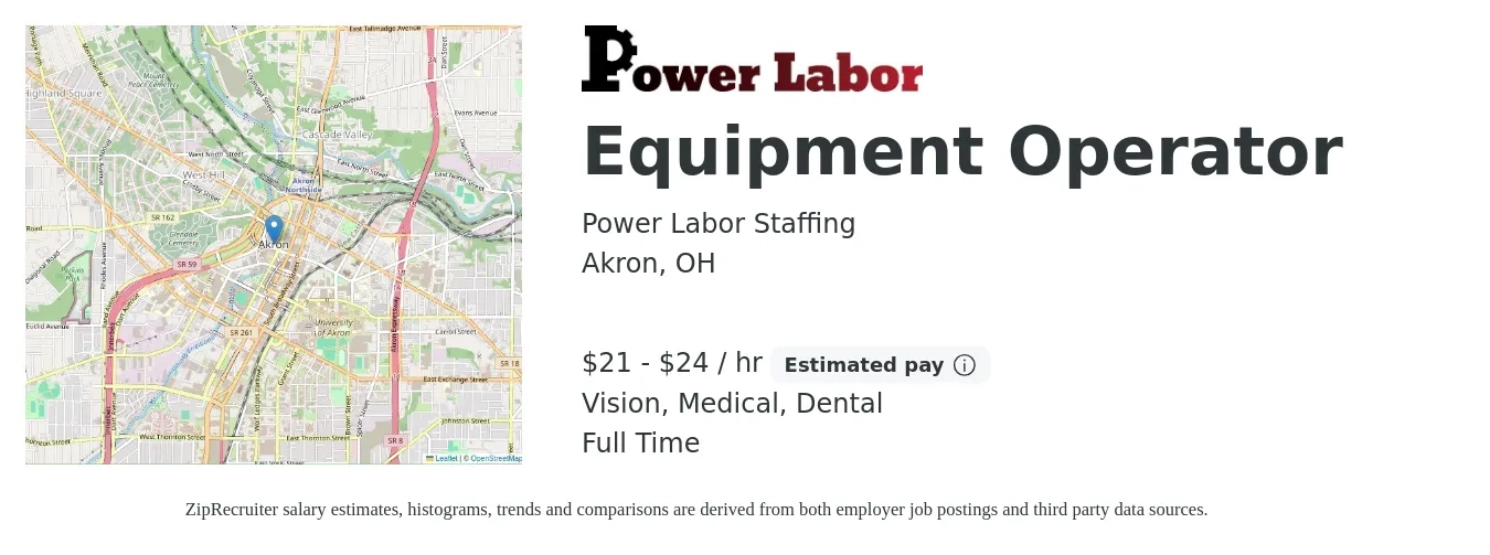 Power Labor Staffing job posting for a Equipment Operator in Akron, OH with a salary of $22 to $25 Hourly and benefits including retirement, vision, dental, and medical with a map of Akron location.