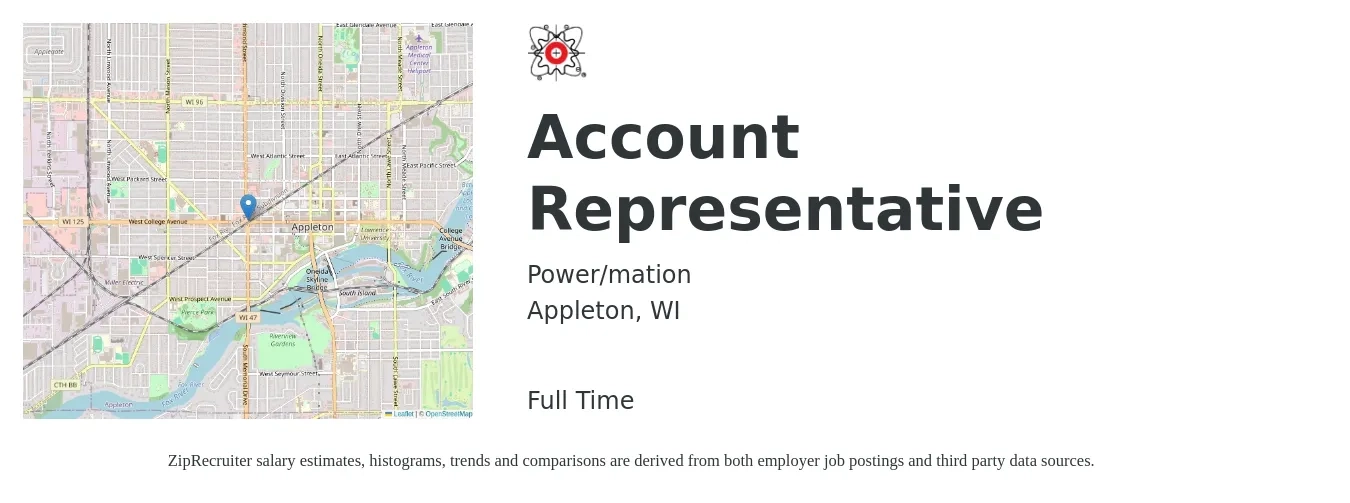 Power/mation job posting for a Account Representative in Appleton, WI with a salary of $39,000 to $68,800 Yearly with a map of Appleton location.