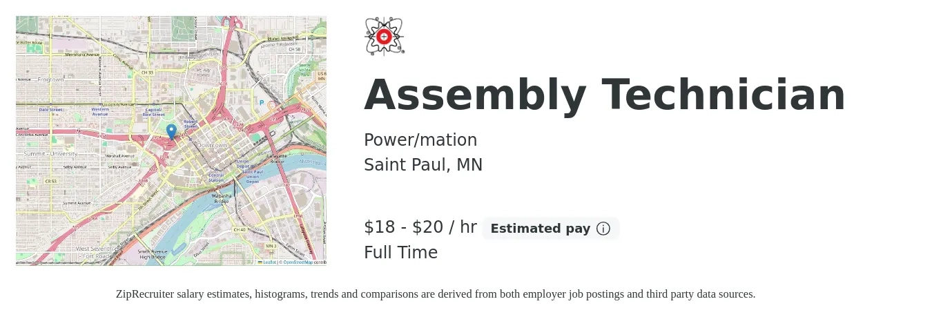 Power/mation job posting for a Assembly Technician in Saint Paul, MN with a salary of $19 to $21 Hourly with a map of Saint Paul location.