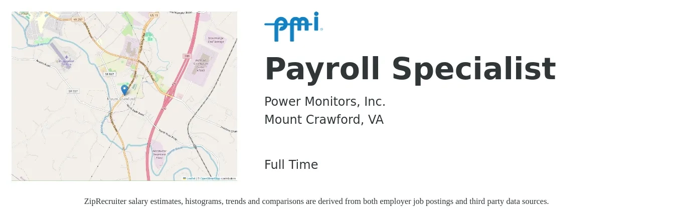 Power Monitors, Inc. job posting for a Payroll Specialist in Mount Crawford, VA with a salary of $22 to $30 Hourly with a map of Mount Crawford location.