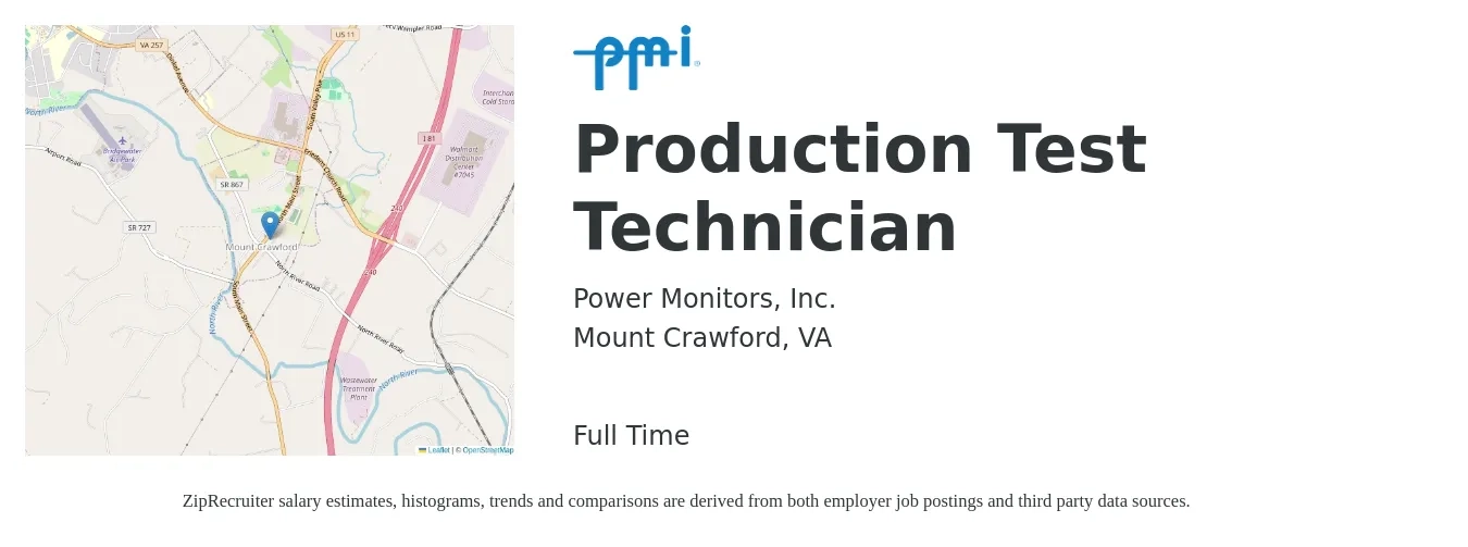 Power Monitors, Inc. job posting for a Production Test Technician in Mount Crawford, VA with a salary of $21 to $28 Hourly with a map of Mount Crawford location.