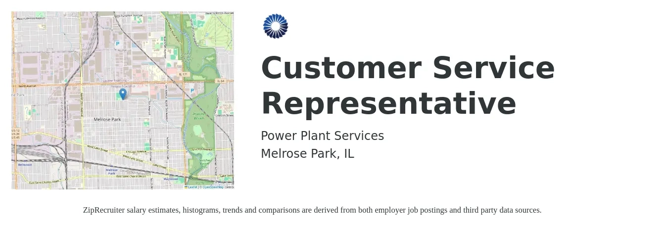 Power Plant Services job posting for a Customer Service Representative in Melrose Park, IL with a salary of $20 to $23 Hourly with a map of Melrose Park location.
