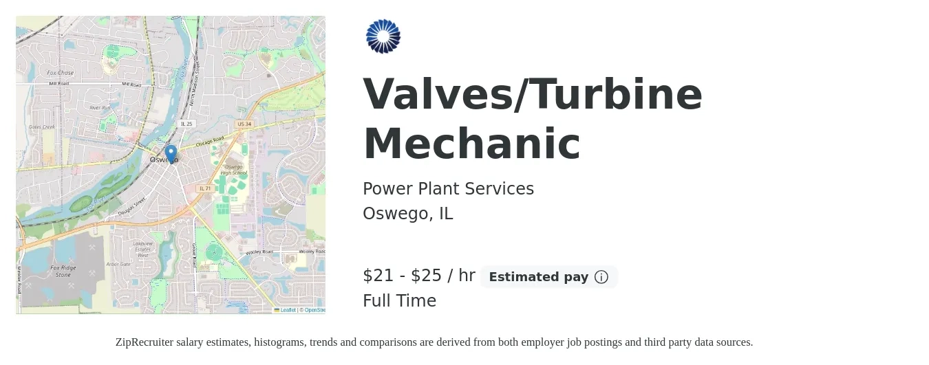Power Plant Services job posting for a Valves/Turbine Mechanic in Oswego, IL with a salary of $22 to $27 Hourly with a map of Oswego location.