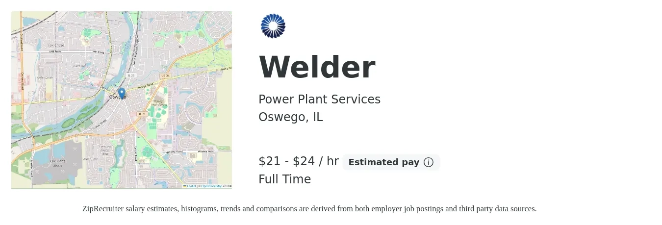 Power Plant Services job posting for a Welder in Oswego, IL with a salary of $22 to $25 Hourly with a map of Oswego location.