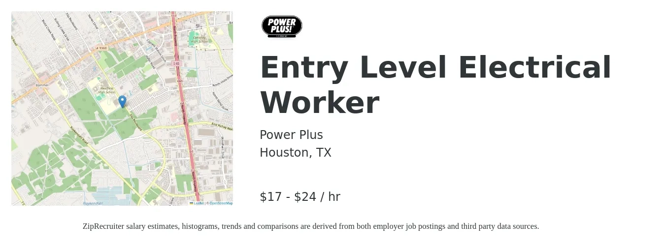 Power Plus job posting for a Entry Level Electrical Worker in Houston, TX with a salary of $18 to $25 Hourly with a map of Houston location.