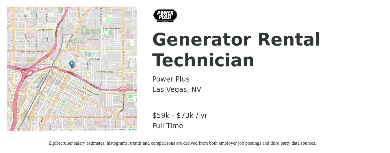 Power Plus job posting for a Generator Rental Technician in Las Vegas, NV with a salary of $20 to $25 Hourly with a map of Las Vegas location.