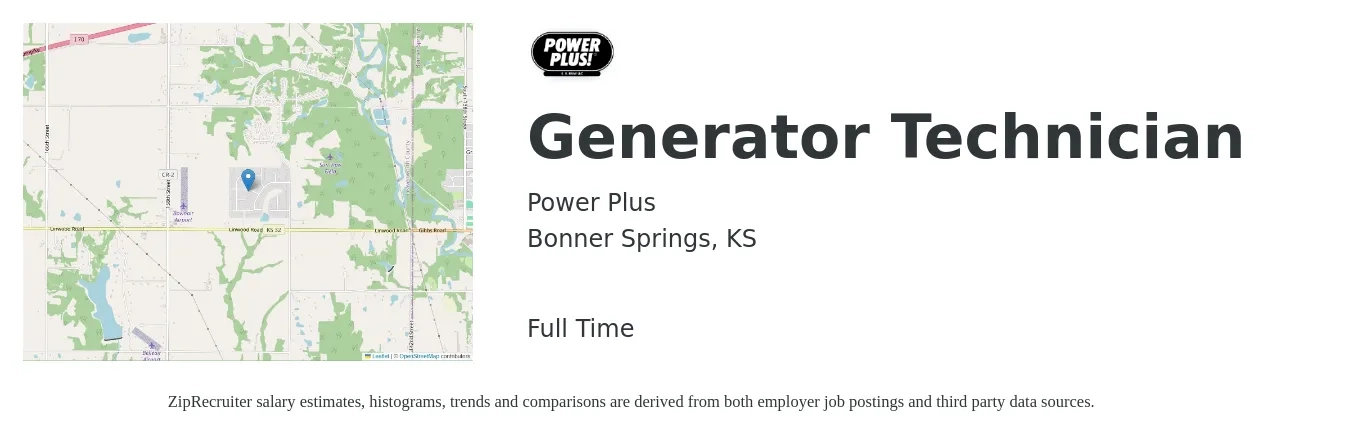 Power Plus job posting for a Generator Technician in Bonner Springs, KS with a salary of $87,600 to $96,180 Yearly with a map of Bonner Springs location.