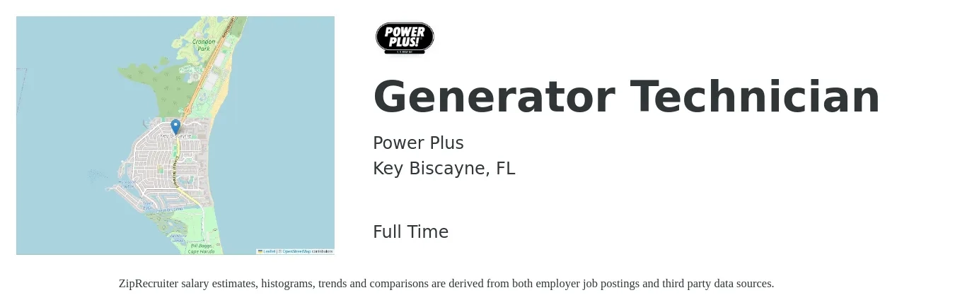 Power Plus job posting for a Generator Technician in Key Biscayne, FL with a salary of $76,160 to $87,600 Yearly with a map of Key Biscayne location.