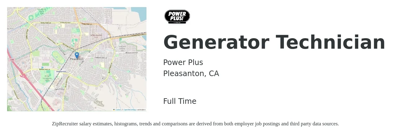 Power Plus job posting for a Generator Technician in Pleasanton, CA with a salary of $110,480 to $130,500 Yearly with a map of Pleasanton location.