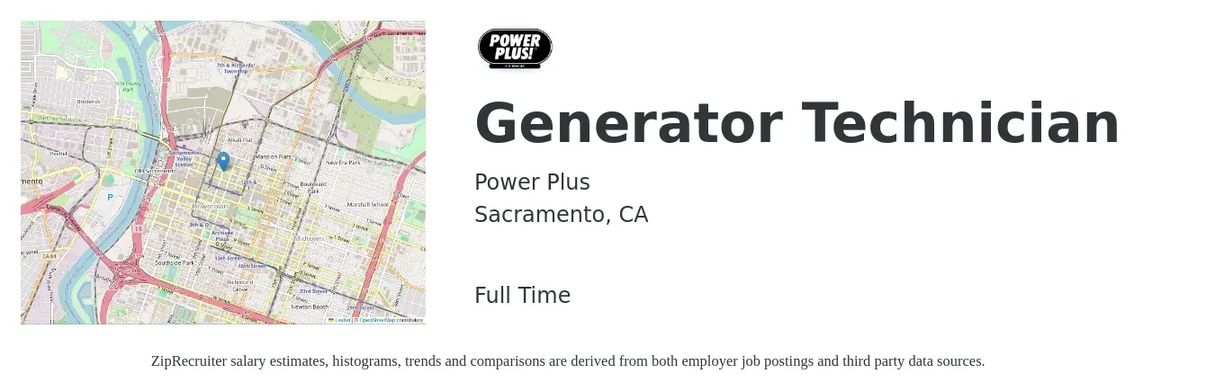 Power Plus job posting for a Generator Technician in Sacramento, CA with a salary of $110,480 to $130,500 Yearly with a map of Sacramento location.
