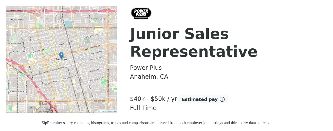 Power Plus job posting for a Junior Sales Representative in Anaheim, CA with a salary of $40,000 to $50,000 Yearly with a map of Anaheim location.