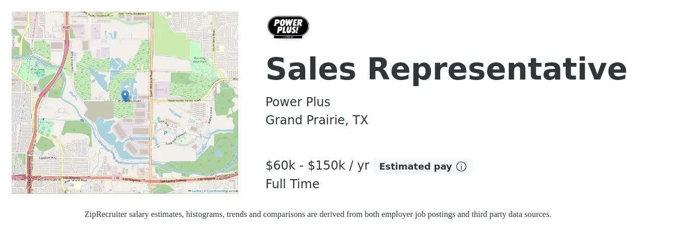 Power Plus job posting for a Sales Representative in Grand Prairie, TX with a salary of $60,000 to $150,000 Yearly with a map of Grand Prairie location.