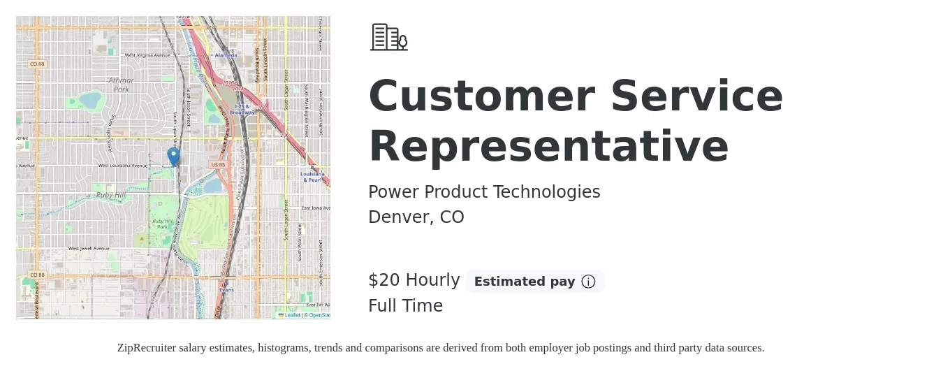 Power Product Technologies job posting for a Customer Service Representative in Denver, CO with a salary of $21 Hourly with a map of Denver location.