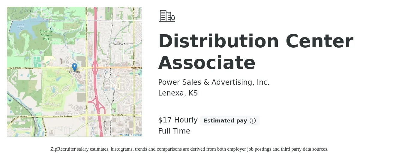 Power Sales & Advertising, Inc. job posting for a Distribution Center Associate in Lenexa, KS with a salary of $18 to $18 Hourly with a map of Lenexa location.