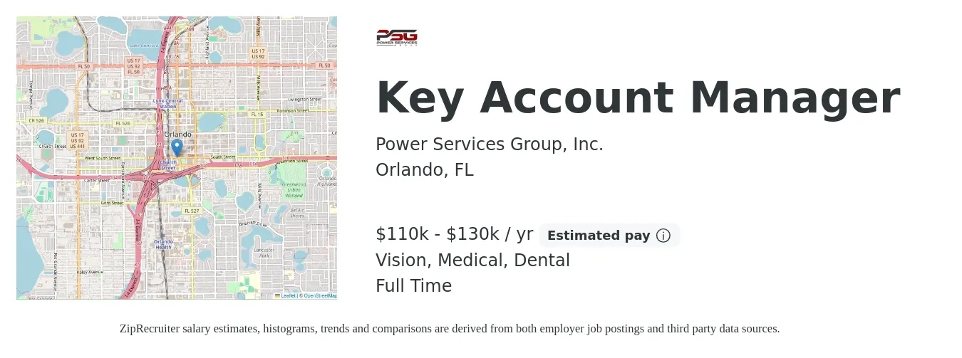 Power Services Group, Inc. job posting for a Key Account Manager in Orlando, FL with a salary of $110,000 to $130,000 Yearly and benefits including dental, life_insurance, medical, pto, and vision with a map of Orlando location.