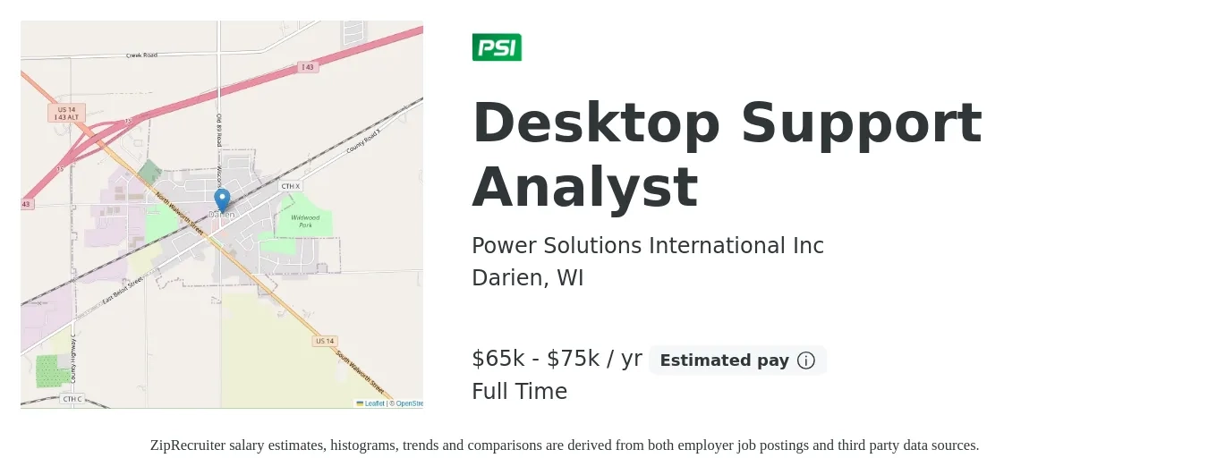 Power Solutions International Inc job posting for a Desktop Support Analyst in Darien, WI with a salary of $21 to $28 Hourly with a map of Darien location.