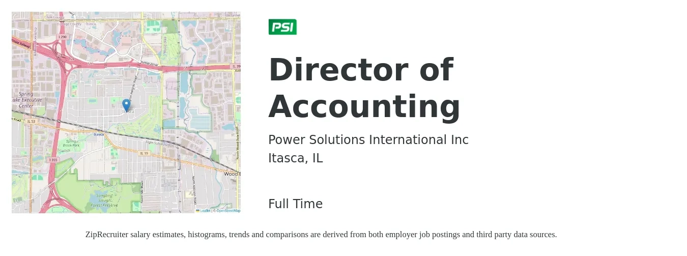 Power Solutions International Inc job posting for a Director of Accounting in Itasca, IL with a salary of $102,200 to $155,800 Yearly with a map of Itasca location.
