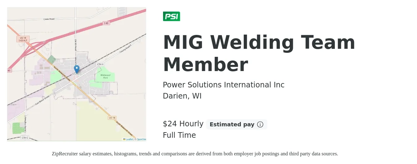 Power Solutions International Inc job posting for a MIG Welding Team Member in Darien, WI with a salary of $17 to $20 Hourly with a map of Darien location.