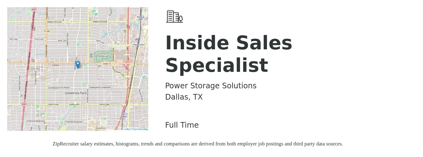 Power Storage Solutions job posting for a Inside Sales Specialist in Dallas, TX with a salary of $38,700 to $57,400 Yearly with a map of Dallas location.