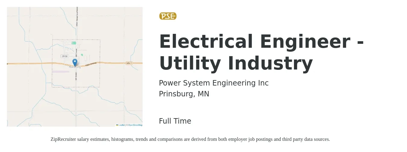 Power System Engineering Inc job posting for a Electrical Engineer - Utility Industry in Prinsburg, MN with a salary of $81,500 to $129,600 Yearly with a map of Prinsburg location.