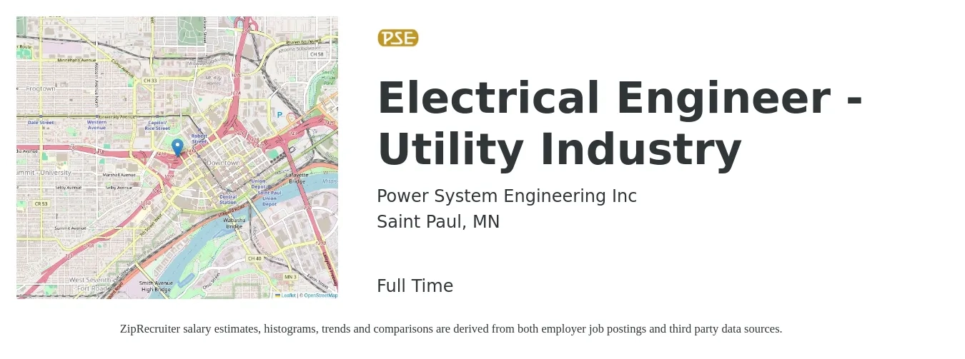 Power System Engineering Inc job posting for a Electrical Engineer - Utility Industry in Saint Paul, MN with a salary of $83,900 to $133,500 Yearly with a map of Saint Paul location.