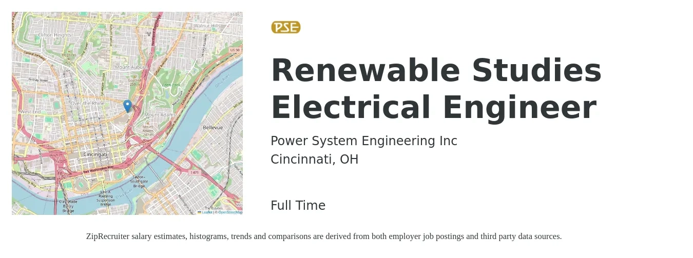 Power System Engineering Inc job posting for a Renewable Studies Electrical Engineer in Cincinnati, OH with a salary of $81,000 to $128,800 Yearly with a map of Cincinnati location.