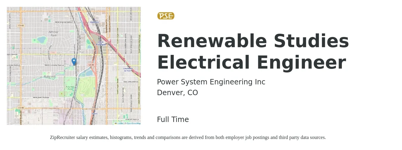 Power System Engineering Inc job posting for a Renewable Studies Electrical Engineer in Denver, CO with a salary of $82,900 to $131,800 Yearly with a map of Denver location.