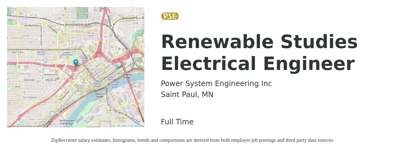 Power System Engineering Inc job posting for a Renewable Studies Electrical Engineer in Saint Paul, MN with a salary of $83,900 to $133,500 Yearly with a map of Saint Paul location.