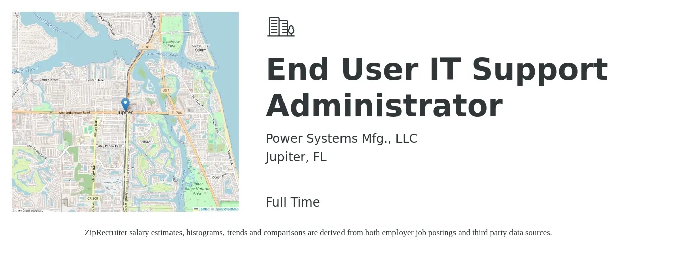 Power Systems Mfg., LLC job posting for a End User IT Support Administrator in Jupiter, FL with a salary of $58,600 to $86,000 Yearly with a map of Jupiter location.