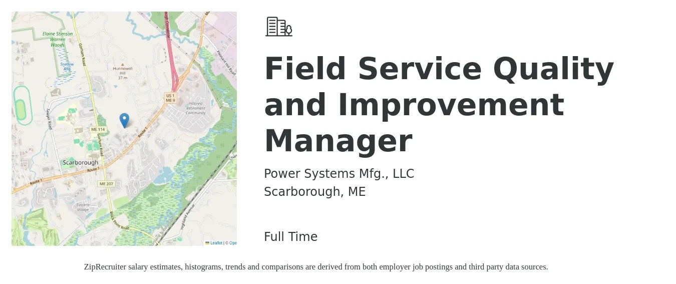 Power Systems Mfg., LLC job posting for a Field Service Quality and Improvement Manager in Scarborough, ME with a salary of $52,300 to $87,300 Yearly with a map of Scarborough location.