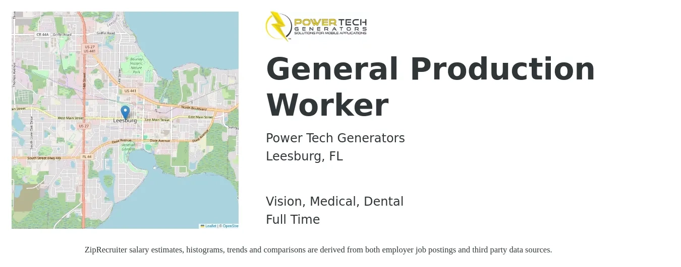 Power Tech Generators job posting for a General Production Worker in Leesburg, FL with a salary of $13 to $16 Hourly and benefits including dental, life_insurance, medical, pto, retirement, and vision with a map of Leesburg location.