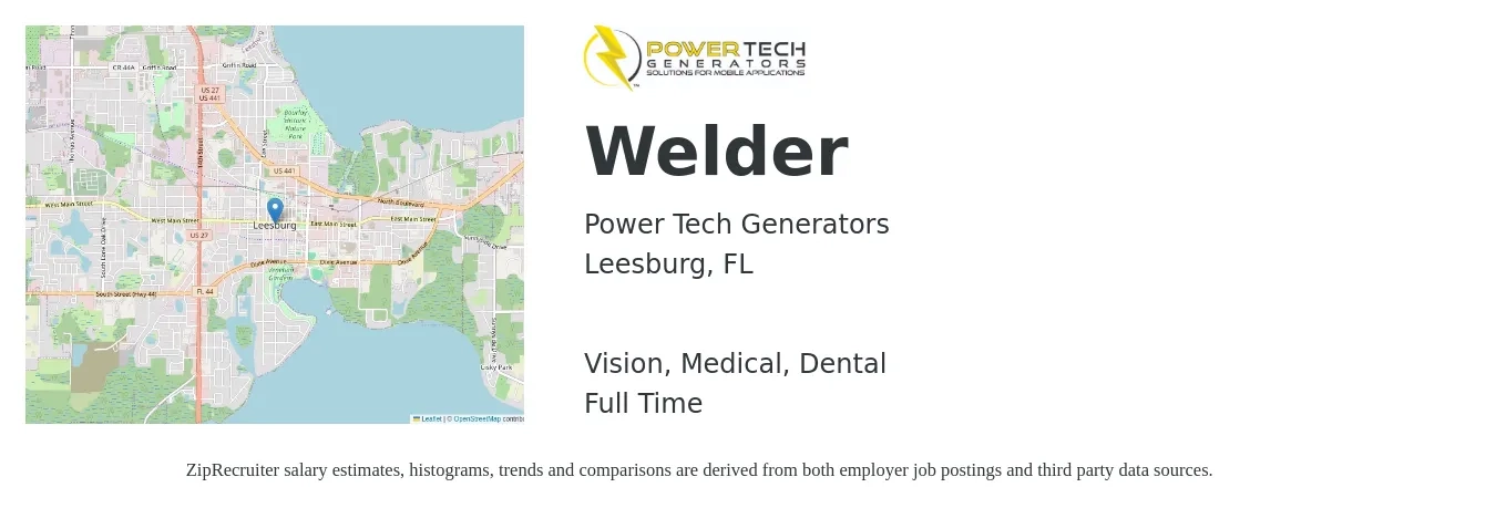 Power Tech Generators job posting for a Welder in Leesburg, FL with a salary of $17 to $22 Hourly and benefits including dental, life_insurance, medical, pto, retirement, and vision with a map of Leesburg location.