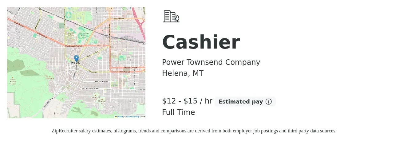 Power Townsend Company job posting for a Cashier in Helena, MT with a salary of $14 to $16 Hourly with a map of Helena location.