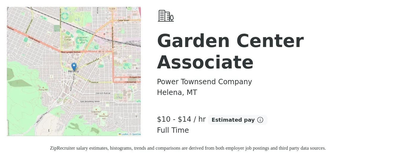 Power Townsend Company job posting for a Garden Center Associate in Helena, MT with a salary of $11 to $15 Hourly with a map of Helena location.