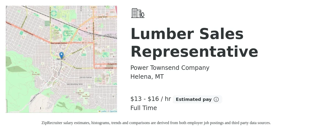 Power Townsend Company job posting for a Lumber Sales Representative in Helena, MT with a salary of $14 to $18 Hourly with a map of Helena location.