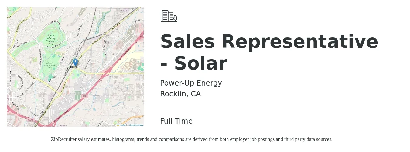 Power-Up Energy job posting for a Sales Representative - Solar in Rocklin, CA with a salary of $50,000 to $250,000 Yearly (plus commission) with a map of Rocklin location.