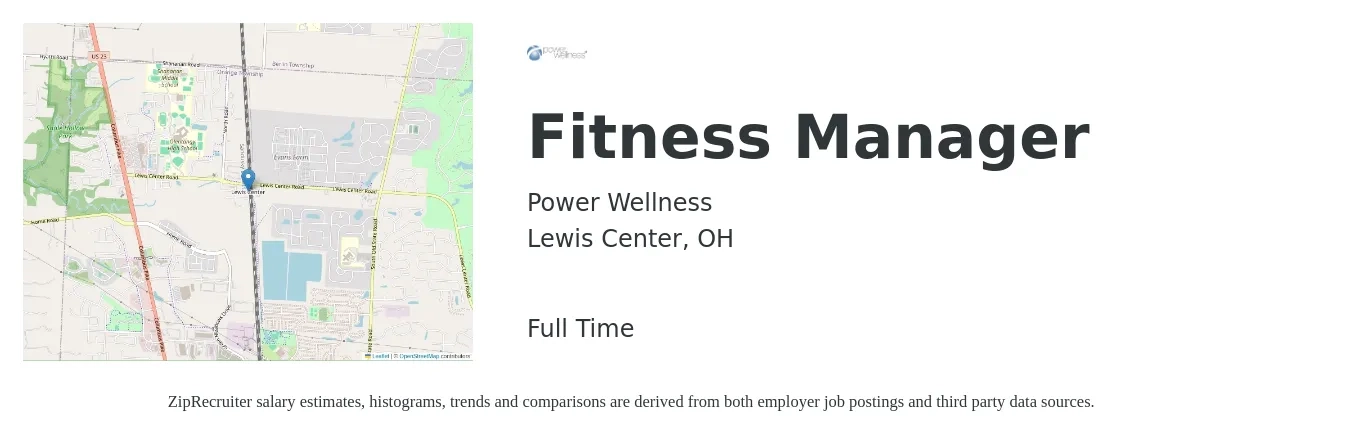 Power Wellness job posting for a Fitness Manager in Lewis Center, OH with a salary of $38,000 to $59,400 Yearly with a map of Lewis Center location.